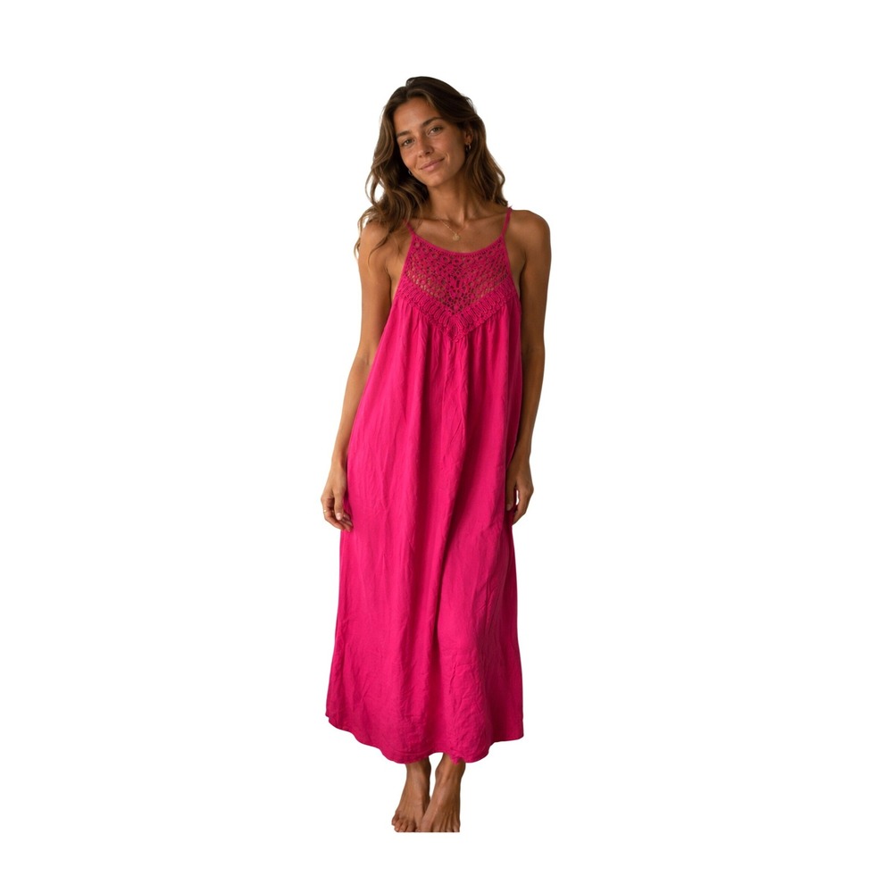 Liberty Love Hot Pink Crochet Lace Bib Swiss Dot Midi Dress XL NEW Hot Pink Boho